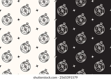 doodle old compass navigation tool seamless pattern on black white background for camping adventure merchandise.  retro classic compass pattern background. pattern of compass vector background