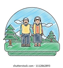 doodle old couple with hands together in the landscape