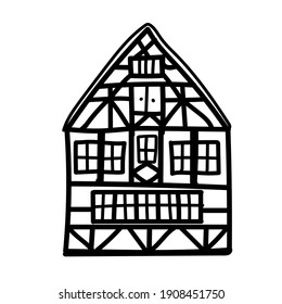 Doodle Old german house with wooden beams. Hand drawn half timbered building. Black facades of european framing houses, cottages. 