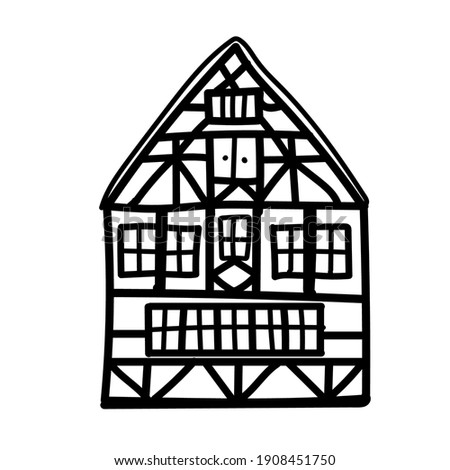 Doodle Old german house with wooden beams. Hand drawn half timbered building. Black facades of european framing houses, cottages. 