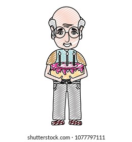 doodle old man with cake and candles to party