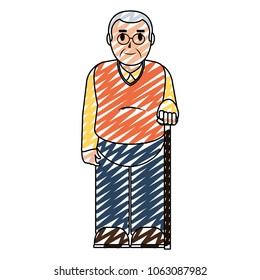 doodle old man with glasses and walking stick