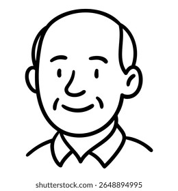 Doodle homem mais velho avatar careca em estilo desenhado à mão. Ilustração de vetor de linha preta isolada no plano de fundo transparente. Ilustração de vetor de estoque em estilo desenhado à mão.
