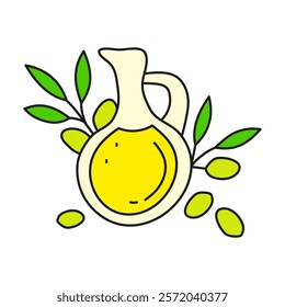 Doodle olive oil in glass jug and olive twigs isolated on white background. Vegetable fats. Healthy nutrition concept.