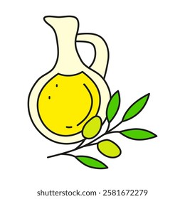 Doodle olive oil in glass jug and olive twigs isolated on white background. Vegetable fats. Healthy nutrition concept.