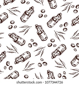 Doodle olive oil seamless pattern. Fresh ingredients Greens and olives.  Endless hand drawn illustration. For restaurant identity, packaging, menu design,texture of fabric.