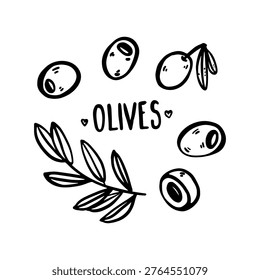 Doodle olive set in vector style. Includes olives on a branch, a half olive, and two olives on a toothpick, isolated on white background.