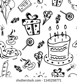 Doodle on the theme of birthday. Seamless pattern of doodle cake, candles, gift, candy, birthday. Vector illustration of a seamless pattern on the theme of a birthday.