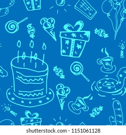 Doodle on the theme of birthday. Seamless pattern of doodle cake, candles, gift, candy, birthday. Vector of a seamless pattern on the theme of a birthday.