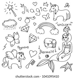 Doodle on the theme of magic, mermaids and unicorns.