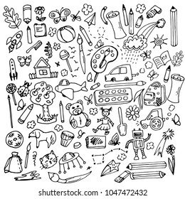 Dibujo sobre el tema de los niños y la creatividad, dibujos para niños. Dibujado en negro sobre un fondo blanco.