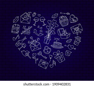 Doodle on Valentine's Day. Hand-drawn. Doodle of love. Outline icons wine glasses, wedding ring, letter, Tic-tac-toe, calendar, cake, lips. Vector Heart set of elements of love and romance.