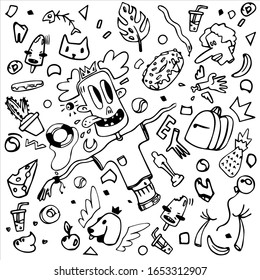 Doodle on a white background many different elements for man guy animals and food
