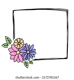 Doodle one frame hand drawn. Square line with pink flowers for wedding, happy birthday, kids isolated.