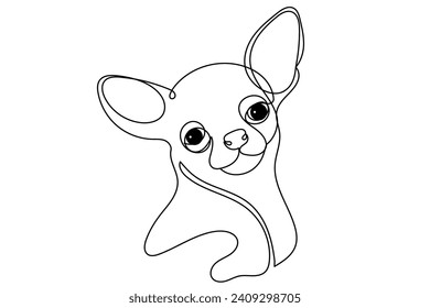 Doodle One Line Drawn Chihuahua Dog Portrait. Black Curve Editable Line Chihuahua Dog Face Sketch Silhouette Isolated on White background. Cute Domestic Pet Dog Symbol Line Art Drawn Icon