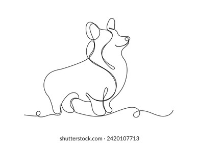 Doodle One Line Drawn Corgi Dog Portrait. Black Curve Editable Line Cute Corgi Dog Sketch Silhouette Isolated On White background. Cute Domestic Pet Welsh Corgi Pembroke Dog Symbol Line Art Drawn Icon