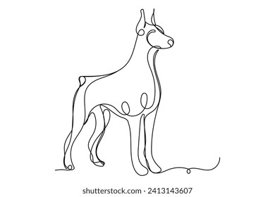 Doodle One Line Dibuja Retrato De Perro Doberman. Línea editable de curva negra Doberman Perro Cara Esbozo de silueta aislada en fondo blanco. Valiente símbolo de perro mascota guardián doméstico Línea de arte dibujado icono