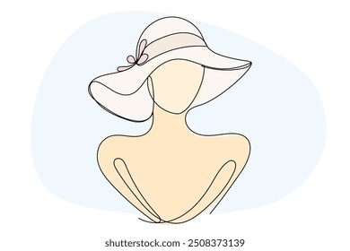 Doodle One Line Drawn Female Summer Beach Hat Symbol. Line Art Hat Sketch Drawn One Editable Continuous Line. Abstract Simple Outline Minimalist Sketch Isolated on White Background