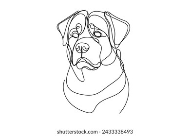 Doodle Una Línea Dibujado Rottweiler Perro Retrato. Línea editable de curva negra Rottweiler Cara de perro Sketch Silhouette Aislado sobre fondo blanco. Icono de línea de símbolo de perro de mascota de guardián doméstico valiente