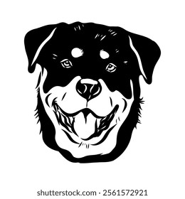 Doodle One Line Drawn Rottweiler . Black Curve Rottweiler dog, vector sketch