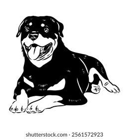 Doodle One Line Drawn Rottweiler . Black Curve Rottweiler dog, vector sketch