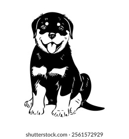 Doodle One Line Drawn Rottweiler . Black Curve Rottweiler dog, vector sketch