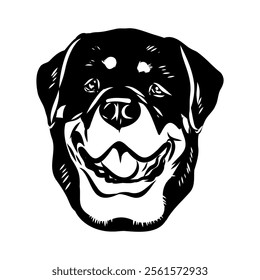 Doodle One Line Drawn Rottweiler . Black Curve Rottweiler dog, vector sketch