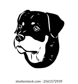 Doodle One Line Drawn Rottweiler . Black Curve Rottweiler dog, vector sketch