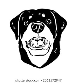 Doodle One Line Drawn Rottweiler . Black Curve Rottweiler dog, vector sketch