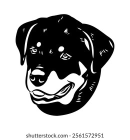 Doodle One Line Drawn Rottweiler . Black Curve Rottweiler dog, vector sketch