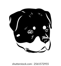 Doodle One Line Drawn Rottweiler . Black Curve Rottweiler dog, vector sketch