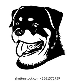 Doodle One Line Drawn Rottweiler . Black Curve Rottweiler dog, vector sketch