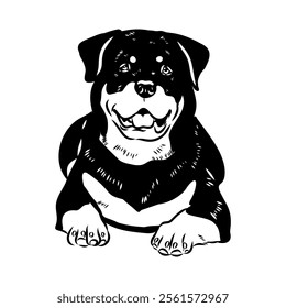 Doodle One Line Drawn Rottweiler . Black Curve Rottweiler dog, vector sketch
