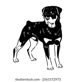 Doodle One Line Drawn Rottweiler . Black Curve Rottweiler dog, vector sketch