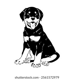 Doodle One Line Drawn Rottweiler . Black Curve Rottweiler dog, vector sketch