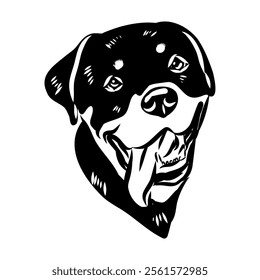 Doodle One Line Drawn Rottweiler . Black Curve Rottweiler dog, vector sketch