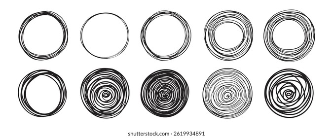 Doodle one line hand drawn scribble circles abstract doodle set . Vector illustration