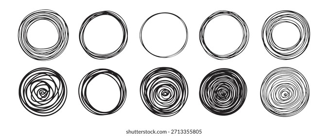 Doodle una línea dibujado a mano garabato círculos abstracto doodle conjunto . Ilustración vectorial