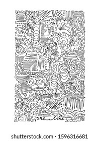 Doodle one line illustration. Black outline isolated on white background. Coloring book for adults and children in line art style. Continuous line abstract texture. Stripes, zigzags, curls, leaves
