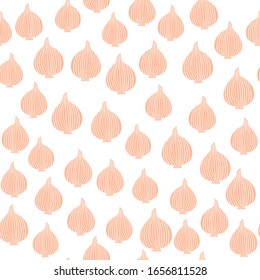 Doodle Zwiebel nahtloses Muster auf weißem Hintergrund. Organische Textur. Zwiebelwulst-Gemüsescreen-Tapete. Design für Stoff, Stoffdruck, Wickelpapier, Küchentextilien. Vektorillustration