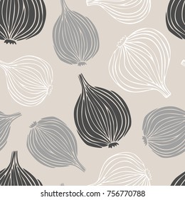 Doodle onions on beige background. Vector seamless pattern with vegetables.