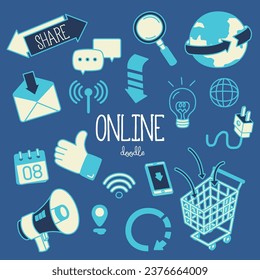 Doodle Online items. Hand drawn vector illustrator of online objects.