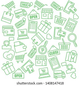 Doodle Online Shopping Icon Set With The Green Colors