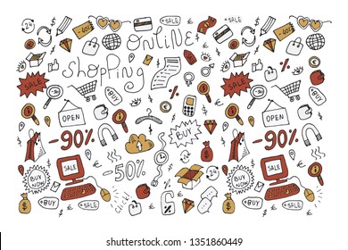 Doodle online shopping isolated objects. Vector hand drawn sale store elements. 