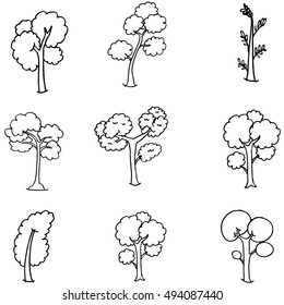 Doodle oof different tree set hand draw illustration