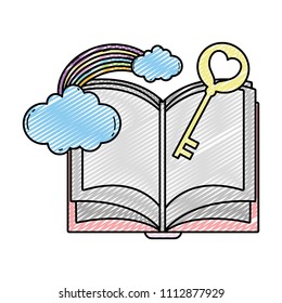 doodle open book with heart key and rainbow clouds