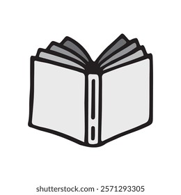 Doodle open book icon hand drawn with black line in freehand style, colored grey