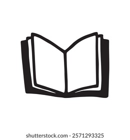 Doodle open book icon hand drawn with black line in freehand style