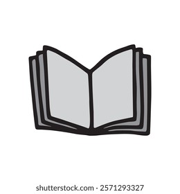 Doodle open book icon hand drawn with black line in freehand style, colored grey