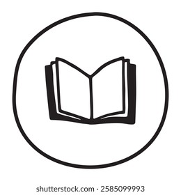 Doodle open book icon hand drawn with black line in freehand style